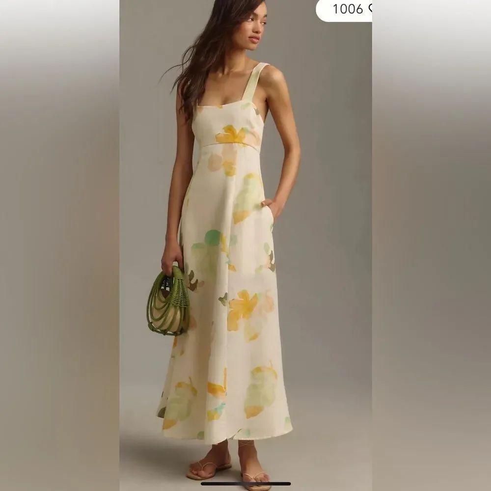 Anthropologie Acler Tate Square-Neck Floral Linen Midi Dress